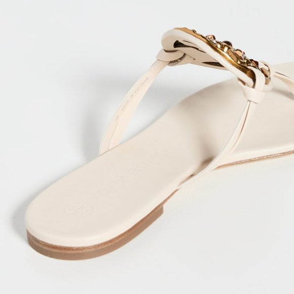 Tory Burch NIB Miller Jeweled Leather Thong Sandals Brie Cream Beige - Picture 7 of 15